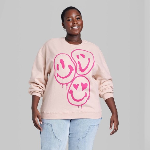 Women's Plus Size Oversized Dad Sweatshirt Wild Fable Blush Pink Smiley Face 1X - Picture 3 of 8